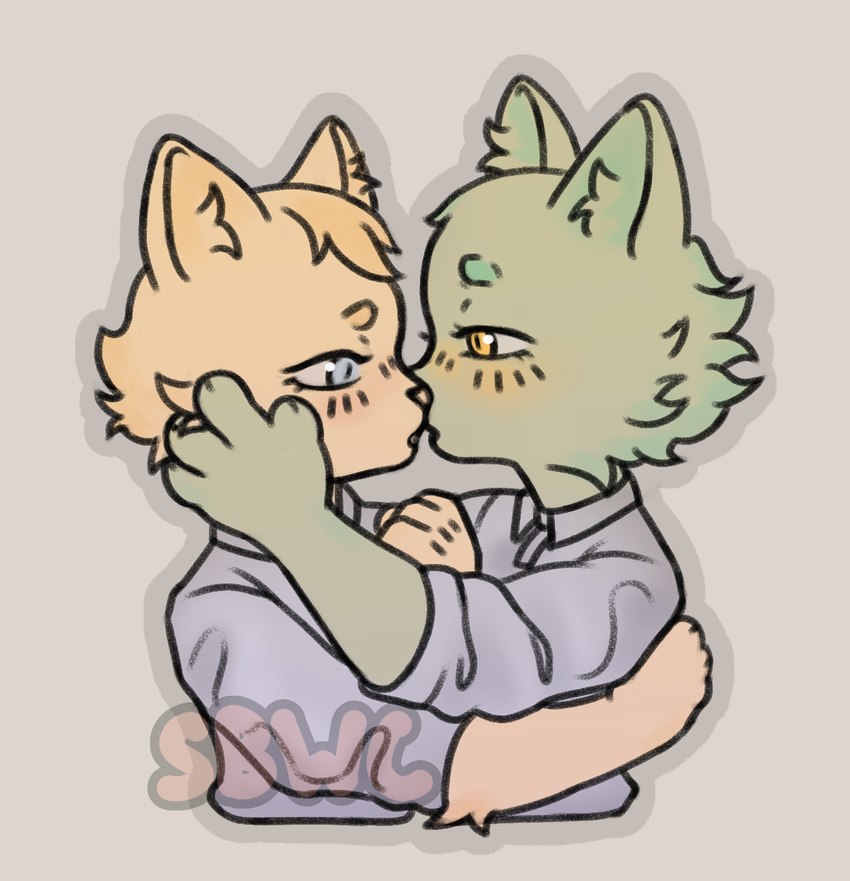 anthro artist_watermark blue_eyes duo female fur green_body green_fur imminent_kiss kissing orange_body orange_eyes orange_fur sbwc domestic_cat felid feline felis mammal hi_res watermark