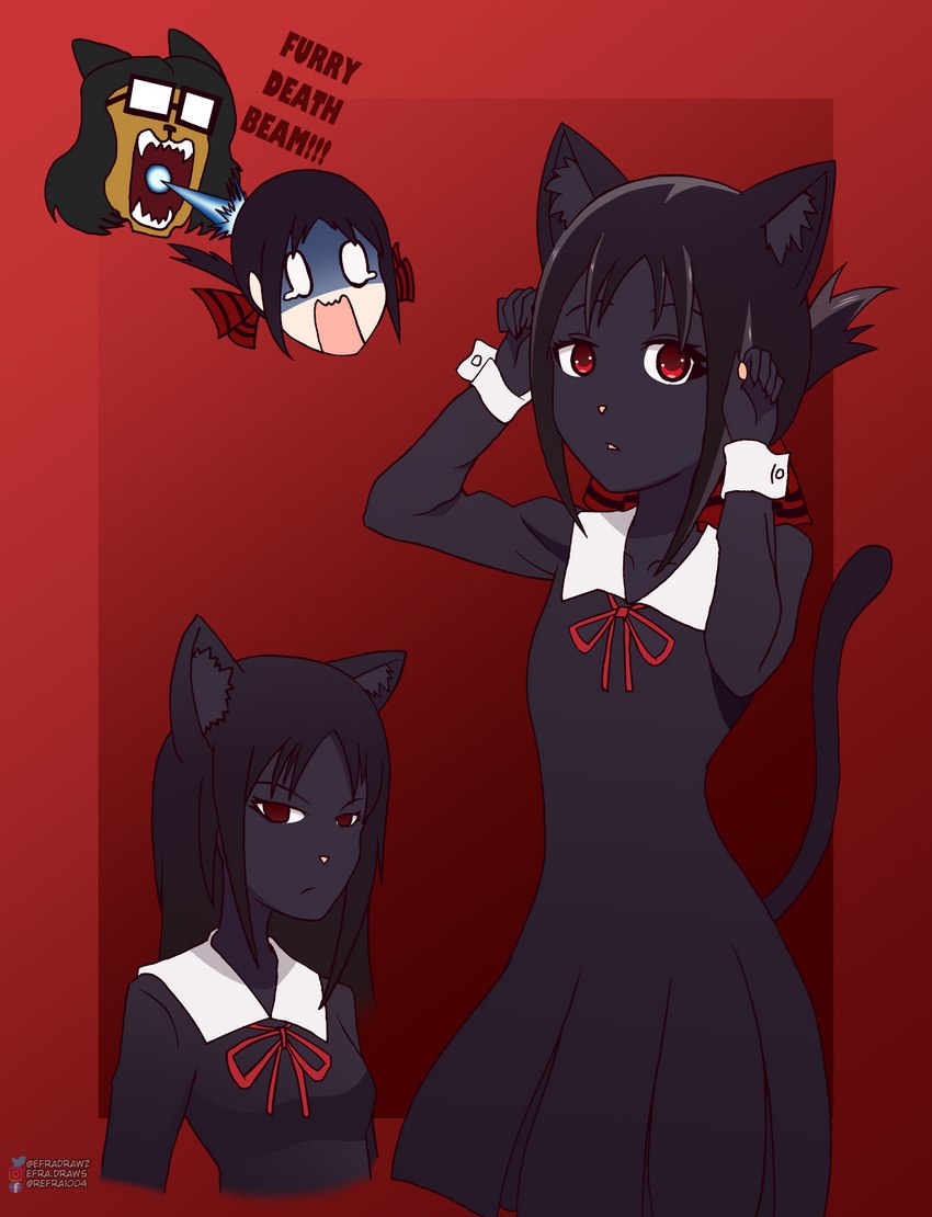 alternate_species anime_style anthro beam black_body black_fur black_hair cat_tail claws clothing duo female fur furrification hair inner_ear_fluff light light_beam male male/female multiple_poses pawpads pink_nose pose pupils red_eyes red_pupils ribbons school_uniform screaming solo tuft uniform efradraws kaguya-sama:_love_is_war efrasona shinomiya_kaguya domestic_cat felid feline felis human mammal absurd_res digital_drawing_(artwork) digital_media_(artwork) hi_res