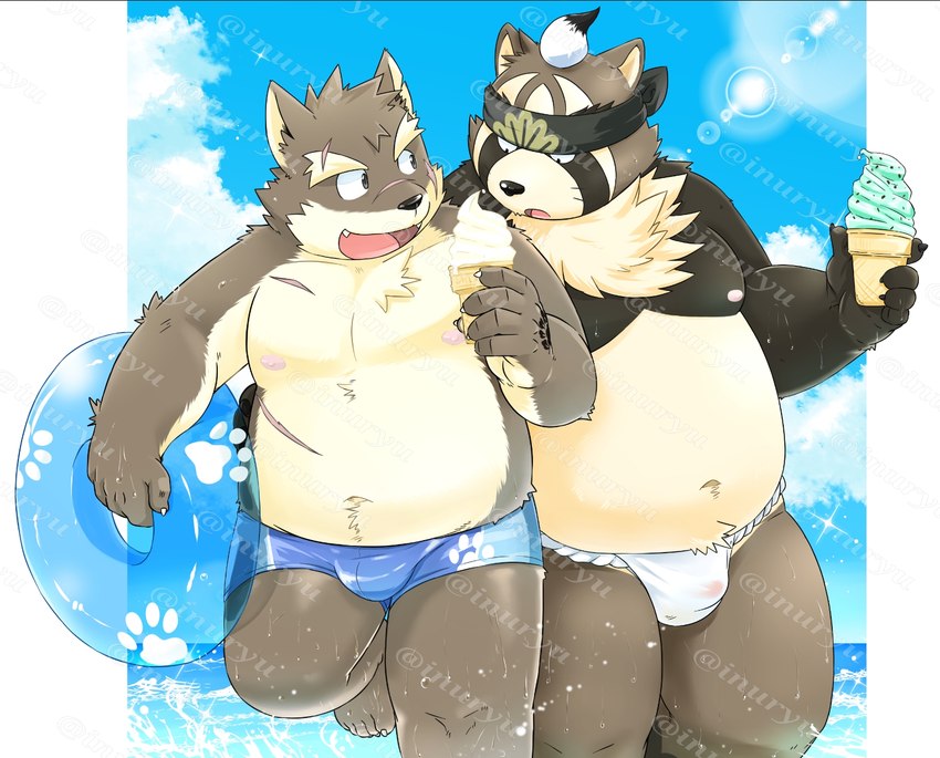 anthro asian_clothing belly black_nose bottomwear brown_body bulge clothing cloud dessert duo east_asian_clothing food fundoshi ice_cream japanese_clothing kemono male male/male moobs nipples overweight overweight_male scar shorts swimwear underwear white_clothing white_fundoshi white_underwear inuryu lifewonders live_a_hero tokyo_afterschool_summoners moritaka_(tas) shoen canid canine canis domestic_dog mammal raccoon_dog tanuki 2024 distracting_watermark hi_res watermark