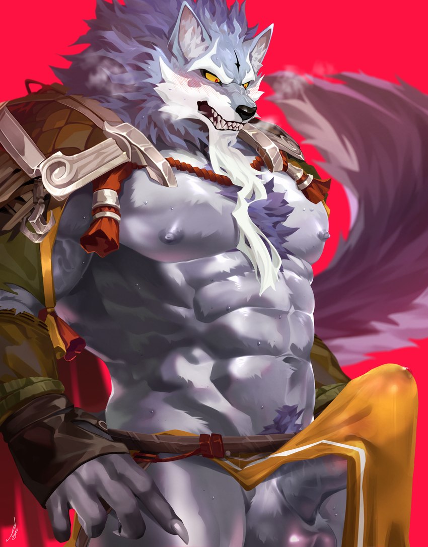 abs anthro balls biceps big_balls big_penis black_nose blush claws clothed clothing erection erection_under_clothing facial_hair fur genitals grey_body grey_fur humanoid_hands male muscular muscular_anthro muscular_male nipples pecs penis solo ig1119 sdorica law_(sdorica) canid canine canis mammal wolf absurd_res hi_res