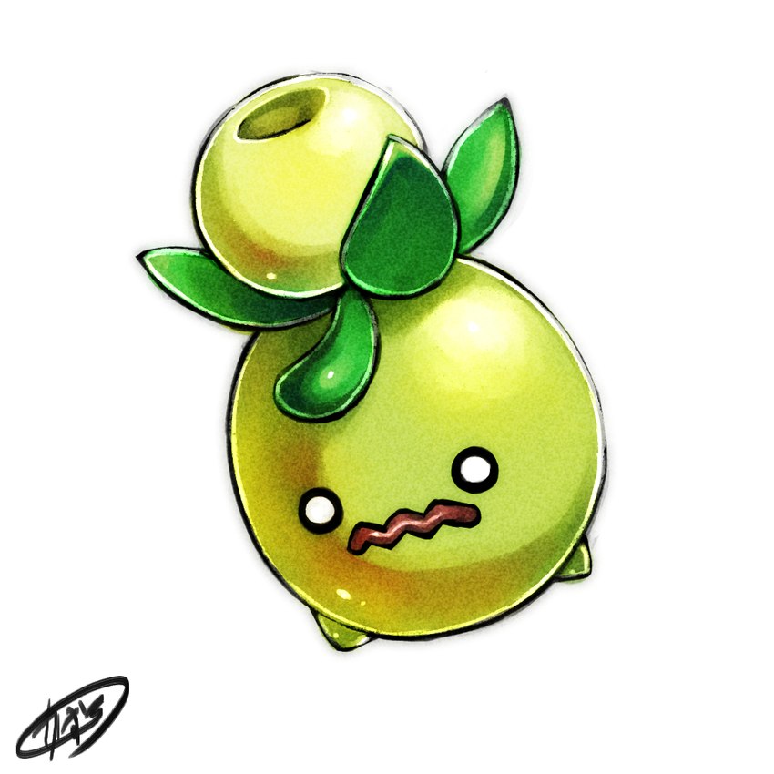 ambiguous_gender biped food fruit glistening glistening_body glistening_fruit green_body leaf leaf_hair olive_(fruit) open_mouth plant plant_hair pseudo_hair simple_background solo stubby_legs white_background kaosu0195 nintendo pokemon elemental_creature flora_fauna generation_9_pokemon pokemon_(species) smoliv waddling_head 1:1 colored shaded signature