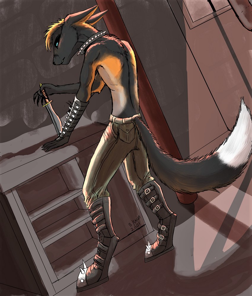 anthro armwear basement black_markings blue_eyes boots claws clothed clothing collar digitigrade digitigrade_boots digitigrade_footwear elbow_gloves fangs fluffy fluffy_tail footwear frown furgonomic_footwear furgonomics gloves hair handwear imminent_murder knife legwear looking_at_viewer male markings orange_markings red_hair red_lighting red_markings serial_killer shoes slim spiked_collar spikes tail teeth tuft weapon esmentiras isaiah_(esmentiras) canid canine cross_fox fox mammal red_fox true_fox digital_media_(artwork) hi_res