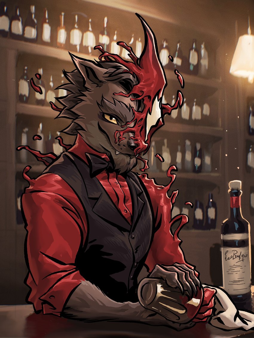 alcohol anthro bar bar_counter bartender beverage bow_tie brown_body brown_fur claws cleaning_rag clothed clothing container counter cup detailed_background drinking_glass fangs fur glass glass_container glass_cup holding_object looking_at_viewer male red_clothing red_shirt red_slime red_topwear shirt smile solo teeth topwear vest whiskey_glass wine_bottle wood_counter yellow_sclera maxspite canid canine canis mammal symbiote 3:4 colored digital_media_(artwork) half-length_portrait hi_res portrait shaded