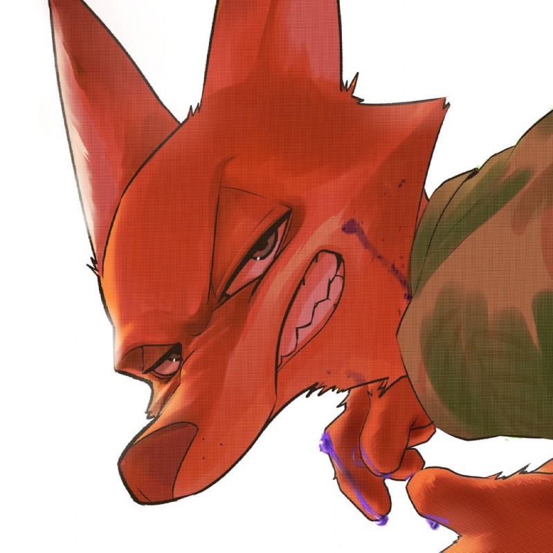 anthro brown_nose clothed clothing fur green_clothing green_shirt green_topwear looking_aside looking_at_viewer male orange_body orange_fur shirt side_view simple_background snarling solo teeth toony topwear white_background gidora_(artist) disney zootopia nick_wilde canid canine fox mammal red_fox true_fox