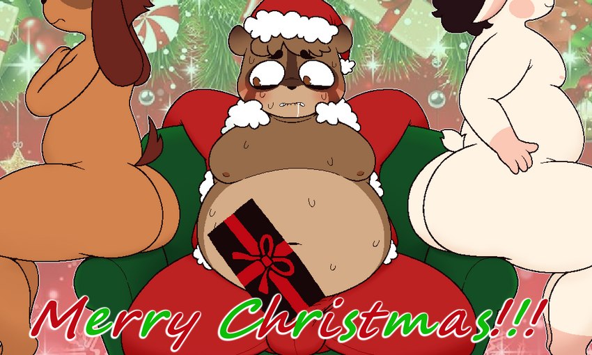 anthro bangs belly big_belly big_butt blush bodily_fluids brown_body brown_fur bulge butt candy censor_bar chair cheek_spots christmas_clothing christmas_headwear clothing costume dessert drooling exclamation_point food fur furniture green_background green_chair group hat headgear headwear holidays long_ears looking_at_butt male male/male merry_christmas moobs navel nipples nude on_chair ornament overweight overweight_anthro overweight_male peppermint_(candy) plant saliva santa_costume santa_hat simple_background sitting sitting_on_armrest sitting_on_chair smile sweat sweaty_body tan_body tan_fur thick_thighs trio zlut385 christmas cal_(zlut385) lyle_(zlut385) nahte_(zlut385) bovid canid canine canis caprine domestic_dog goat mammal raccoon_dog tanuki 5:3 censored colored digital_media_(artwork) hi_res pixel_(artwork)