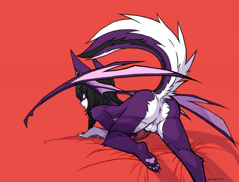 anthro anus backsack balls biped black_hair blush butt ear_piercing genitals green_eyes hair looking_back male membrane_(anatomy) membranous_wings multicolored_body nude pawpads penis piercing purple_body raised_tail simple_background solo tail white_body wings pawsmasher bat hybrid mammal mephitid skunk bandit_(disambiguation)