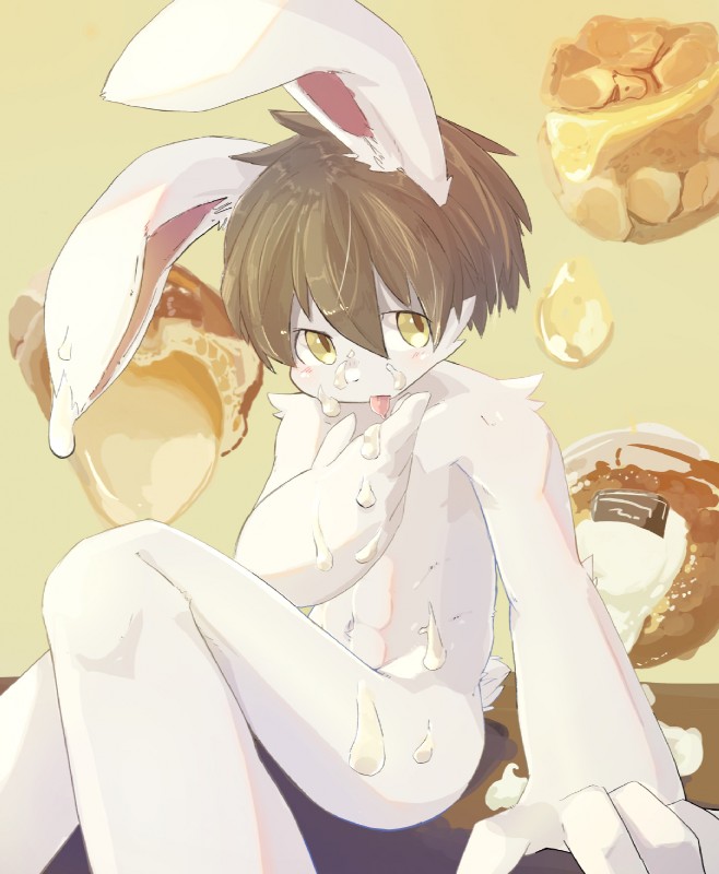 anthro brown_hair cream_(food) dessert food fur hair licking male navel nude short_hair solo suggestive_fluid tongue tongue_out white_body white_fur yellow_eyes young young_anthro eipon_tarou bunny_timothy lagomorph leporid mammal rabbit hi_res