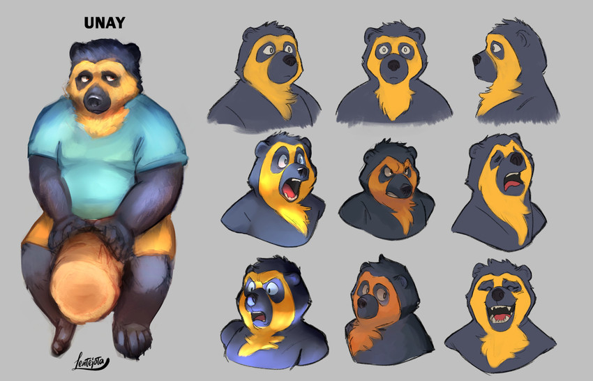 anthro belly black_body black_fur black_nose bottomwear clothing eyes_closed fur male overweight overweight_anthro overweight_male shirt shorts simple_background sitting solo topwear lentejota6 bear mammal short-faced_bear spectacled_bear 14:9 2020 absurd_res hi_res model_sheet