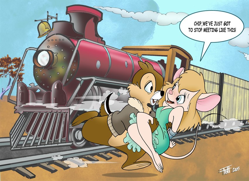 anthro black_nose blonde_hair bottomless bound brown_body brown_fur clothed clothing dress duo female fur hair locomotive long_hair male male/female open_clothing open_shirt open_topwear pink_nose shirt steam_locomotive tail tan_body tan_fur text topwear train vehicle chris_fischer chip_'n_dale_rescue_rangers disney chip_(disney) gadget_hackwrench chipmunk ground_squirrel mammal mouse murid murine rodent sciurid 2005 english_text hi_res