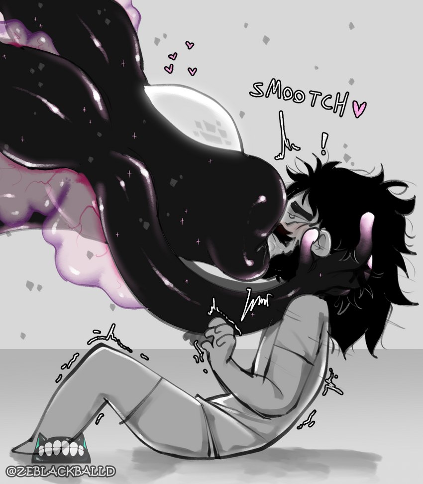 beard black_body black_hair clothed clothing duo facial_hair hair kissing male not_furry shirt size_difference smaller_human smaller_male text topwear ze_blackball.d the_wanderer alien human mammal comic english_text hi_res