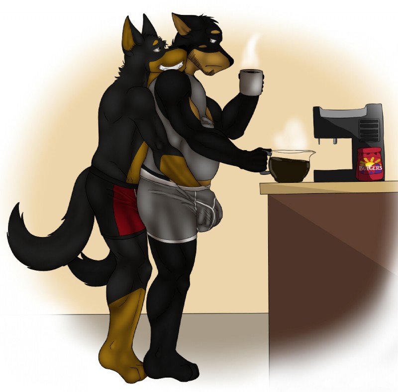 anthro balls belly beverage biceps big_balls big_muscles black_body black_fur boxer_briefs brown_body brown_eyes brown_fur bulge clothed clothing clothing_aside coffee crotch_grab duo eye_contact facial_hair fangs fondling food frown fur genitals grey_clothing grey_underwear grin grope groping_from_behind hand_in_underwear hand_under_clothing holding_object inside kitchen looking_at_another male male/male muscular muscular_male overweight pose red_clothing red_underwear shirt side_view simple_background smile standing tank_top teeth topless topwear underwear underwear_aside doggieo daddy-o doggieo_(character) beauceron canid canine canis domestic_dog herding_dog mammal pastoral_dog 2011 father_(lore) father_and_child_(lore) father_and_son_(lore) incest_(lore) parent_(lore) parent_and_child_(lore) parent_and_son_(lore) son_(lore)