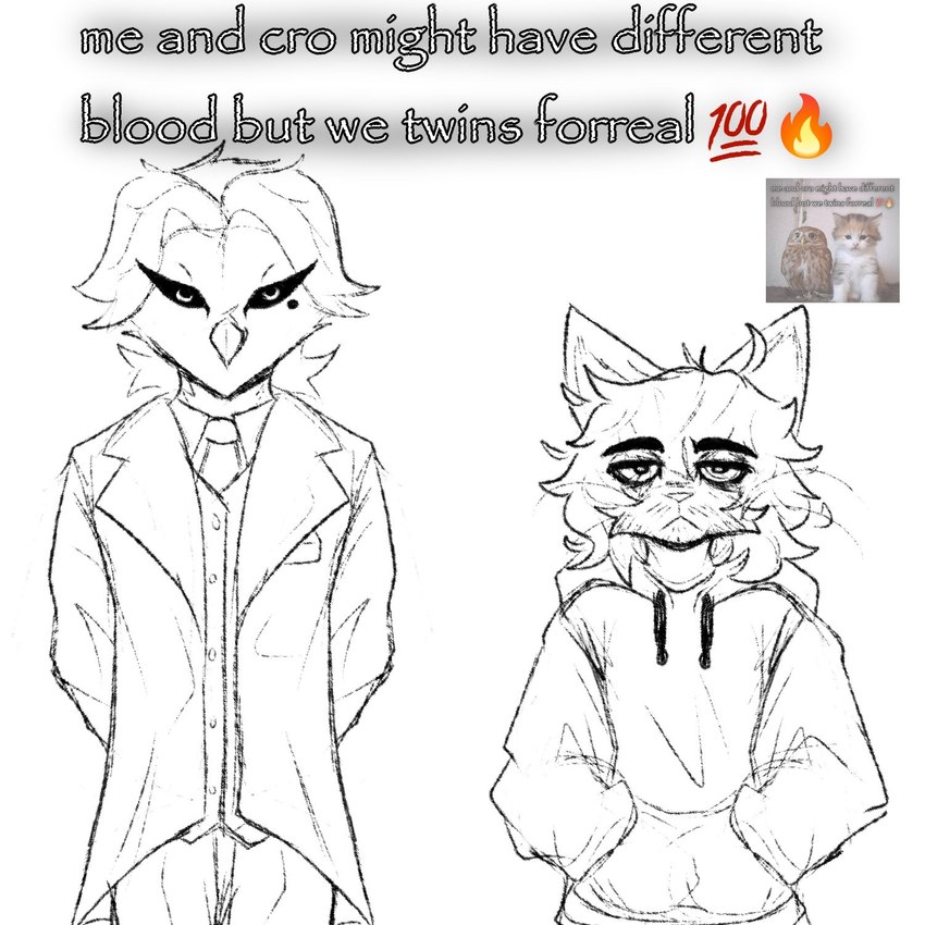 :< anthro beak black_line_art bottomwear closed_frown clothed clothing coat curly_hair duo emoji eye_through_hair eyebrow_through_hair eyebrows facial_hair front_view fur hair hands_behind_back hands_in_both_pockets hoodie lidded_eyes looking_at_viewer male markings mole_(marking) mouth_closed necktie open_clothing open_coat open_topwear pants papyrus_font shirt simple_background size_difference standing suit text topwear translucent translucent_hair vest whiskers white_background winterfrost avian bird domestic_cat felid feline felis mammal owl 1:1 2024 digital_media_(artwork) english_text hi_res photography_(artwork) reference_image spot_color