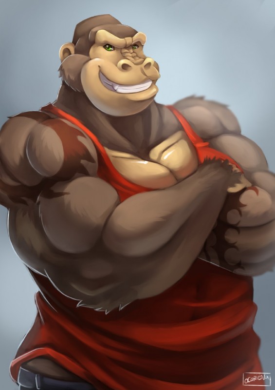 anthro biceps big_muscles biped black_body black_fur clothed clothing crossed_arms front_view fur green_eyes grey_background looking_at_viewer male muscular muscular_anthro muscular_male pecs shirt simple_background smile solo standing tank_top tattoo teeth topwear ocaritna evane dax_(evane) ape gorilla haplorhine mammal primate 2015 digital_media_(artwork) half-length_portrait hi_res portrait signature