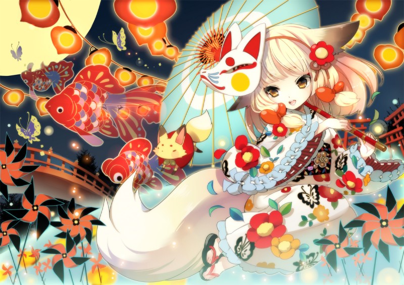 amber_eyes animal_mask asian_clothing blonde_hair bridge clothing east_asian_clothing female feral floating flower footwear fox_mask fox_tail group hair japanese_clothing kimono mask moon night obi obijime open_mouth parasol pigtails pinwheel plant ribbons sandals shoes solo_focus tail zori woyoyo animal_humanoid arthropod butterfly canid canid_humanoid canine canine_humanoid fish fox fox_humanoid humanoid insect lepidopteran mammal mammal_humanoid marine digital_media_(artwork)