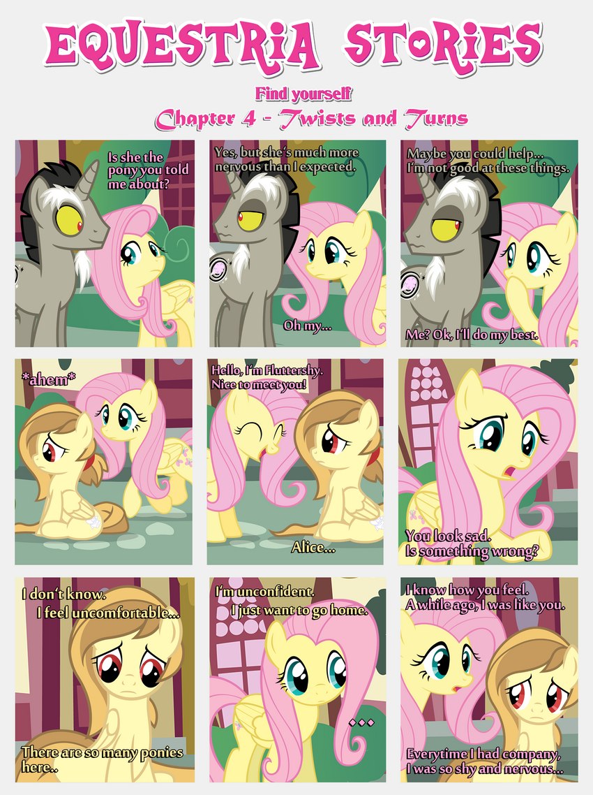 alice goldenfeather, discord, and fluttershy (friendship is magic and etc) created by estories
