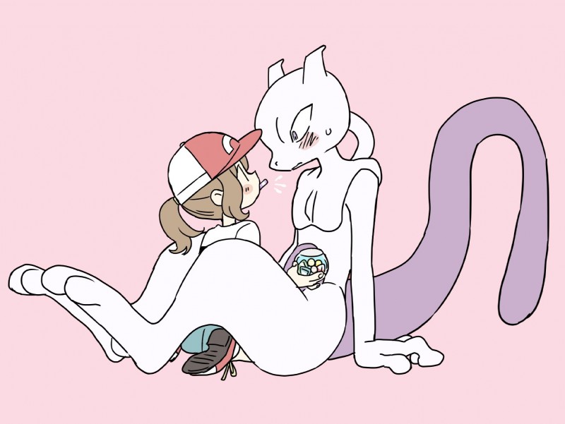 blush candy dessert duo female food male pocky_game surprise tongue tongue_out ikutasemi nintendo pokemon pokemon:_let's_go elaine_(pokemon) generation_1_pokemon human legendary_pokemon mammal mewtwo pokemon_(species) hi_res