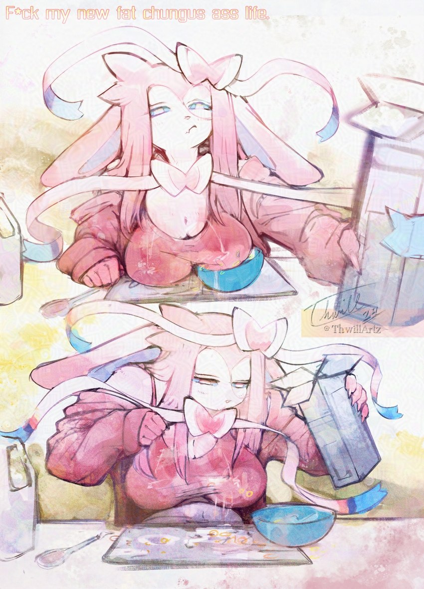 anthro anthrofied big_breasts blue_eyes bow_(feature) breasts cereal cereal_bowl cereal_box clothed clothing female food fur hair humor long_hair milk_jug pink_hair profanity simple_background solo text topwear two_panel_image wet wet_clothing thwillartz nintendo pokemon vince_(thwillartz) eeveelution generation_6_pokemon mammal pokemon_(species) sylveon 2024 adversarial_noise artist_name colored digital_media_(artwork) digital_painting_(artwork) english_text hi_res meme signature watercolor_(artwork) watermark