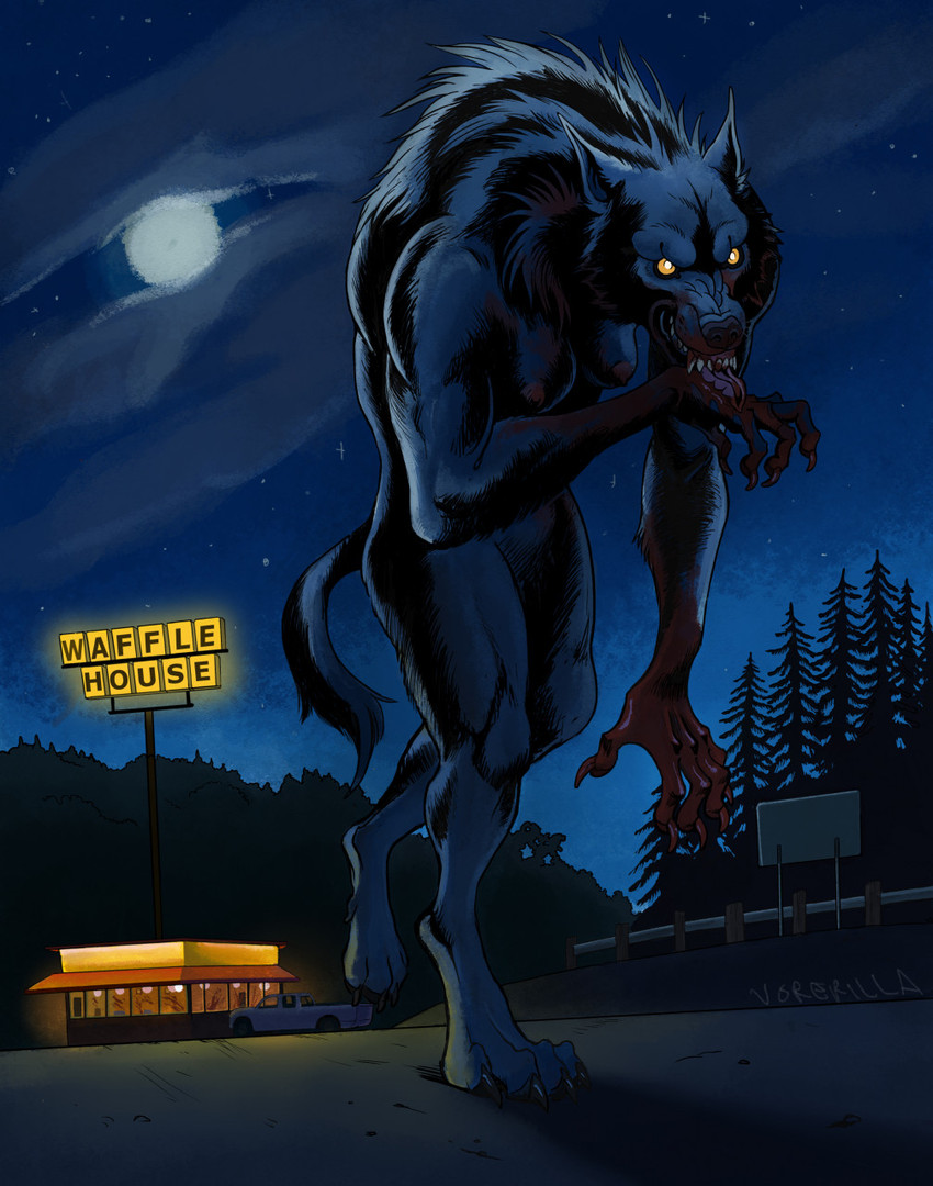 anthro black_body black_fur blood blood_on_face blood_on_hand blood_spatter blood_splatter bodily_fluids breasts claws digitigrade evergreen_tree female forest full_moon fur glowing glowing_eyes guardrail hand_lick licking massacre moon night nude outside personal_grooming pine_tree plant restaurant sign solo star text tongue tongue_out tree truck vehicle walking window yellow_eyes paul_defenbaugh mythology waffle_house canid canine mammal mythological_canine mythological_creature werecanid werecanine werecreature werewolf english_text hi_res