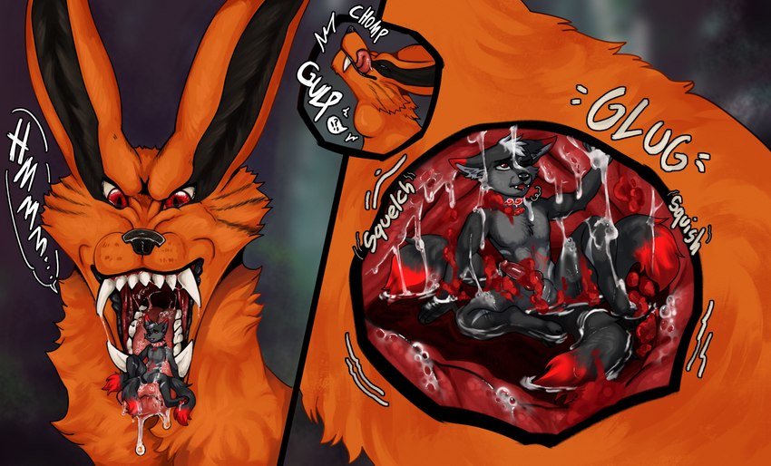 anthro balls black_body black_ears black_fur black_nose bodily_fluids detailed_internal detailed_mouth drooling duo erection fangs fully_inside fur genital_fluids genitals grey_body grey_fur inside_stomach internal male male/male male_prey markings micro mouth_shot nude open_mouth oral_vore orange_body orange_fur organs penis red_body red_eyes red_fur saliva saliva_string simple_background size_difference stomach stomach_acid tail teeth text tongue tongue_out tuft vore prince-vulpine naruto kurama canid canine canis fox mammal tailed_beast hi_res