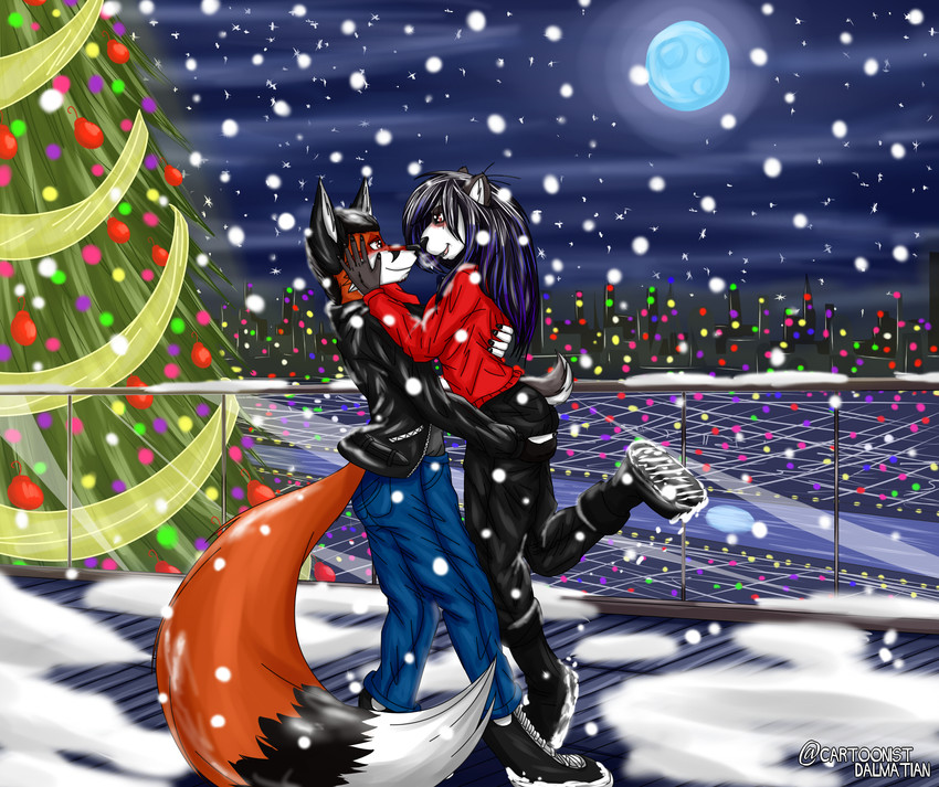 anthro blue_hair christmas_tree city duo eye_contact female fur hair hand_on_another's_butt hand_on_butt holding_butt holidays hug lights long_tail looking_at_another love male male/female moon night plant red_body red_fur snow tail tree cartoonistdalmatian christmas peach_panda redrick_(erickredfox) bear canid canine fox giant_panda mammal red_fox true_fox absurd_res hi_res