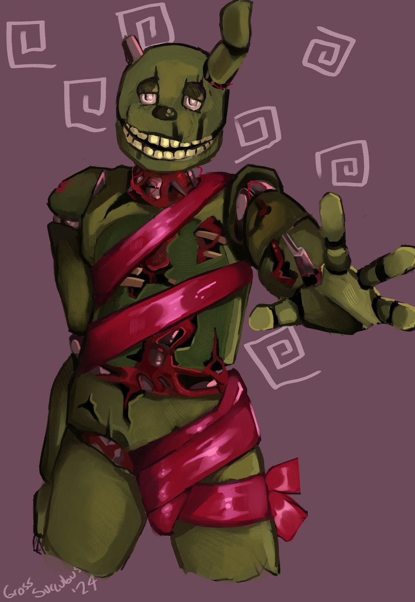 bdsm bondage bound bulge clothing detailed_bulge erection erection_under_clothing genital_outline machine male penis_outline ribbon_bondage ribbons solo grosssuccubus five_nights_at_freddy's five_nights_at_freddy's_3 scottgames springtrap_(fnaf) animatronic lagomorph leporid mammal rabbit robot absurd_res hi_res