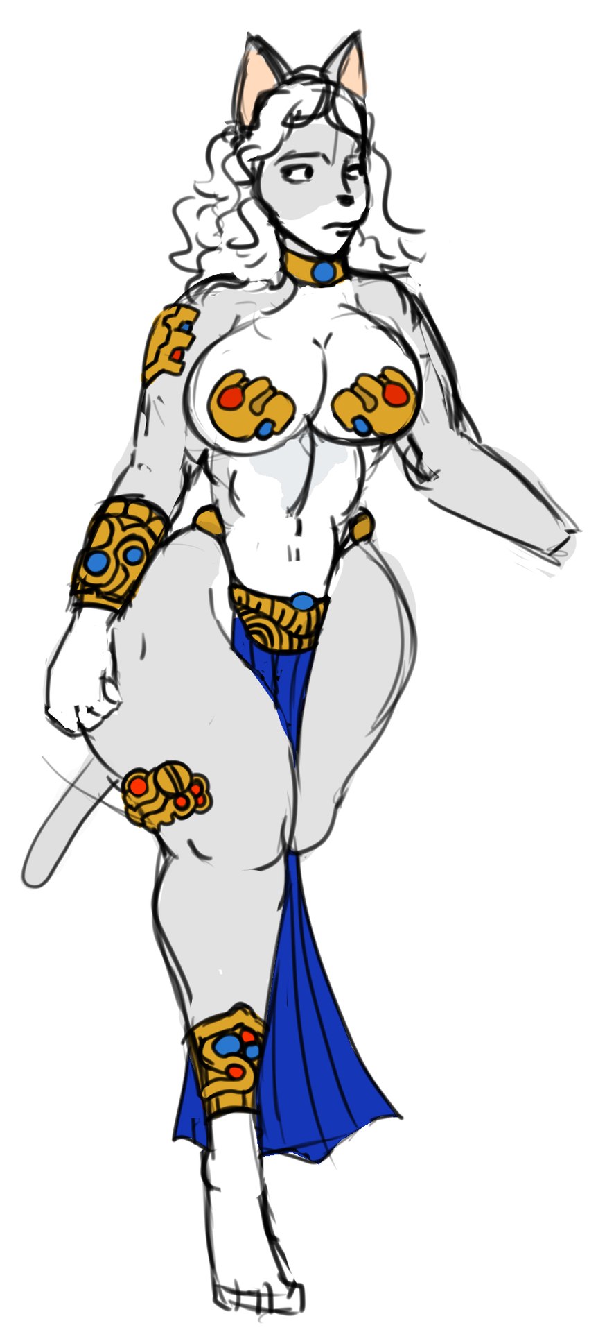 anthro big_breasts bottomwear breasts clothing curvy_anthro curvy_female curvy_figure curvy_humanoid dancer_outfit female gem hair jewelry loincloth metal pasties solo wide_hips ludaca pashira_(ludaca) felid feline mammal hi_res sketch