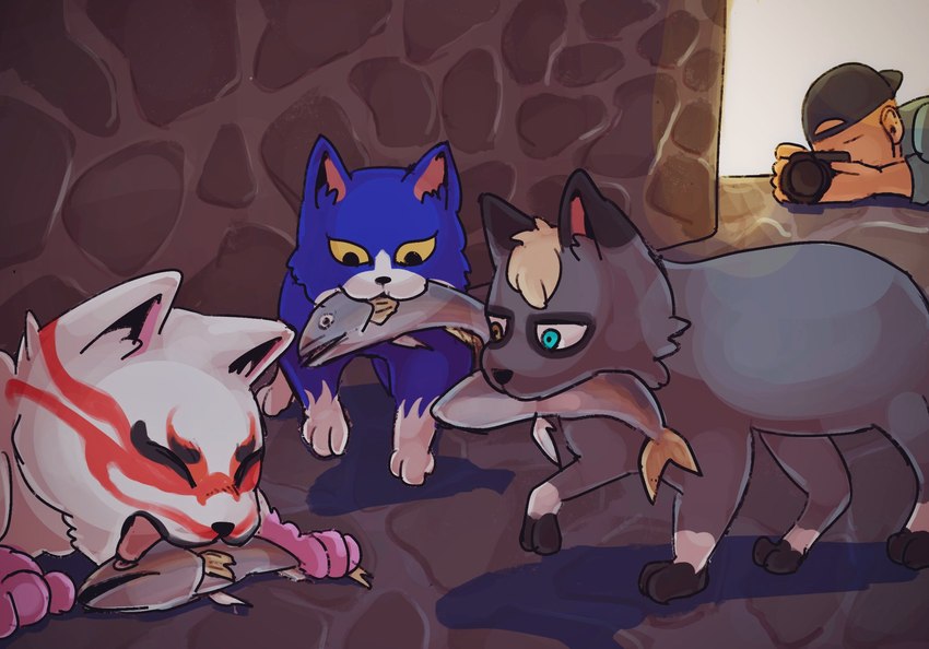 blue_body camera feral feralized fur grey_body grey_fur group heterochromia tongue yellow_eyes vetiver_n animal_crossing nintendo kabuki_(animal_crossing) raymond_(animal_crossing) tom_(animal_crossing) domestic_cat felid feline felis human mammal 2020 hi_res