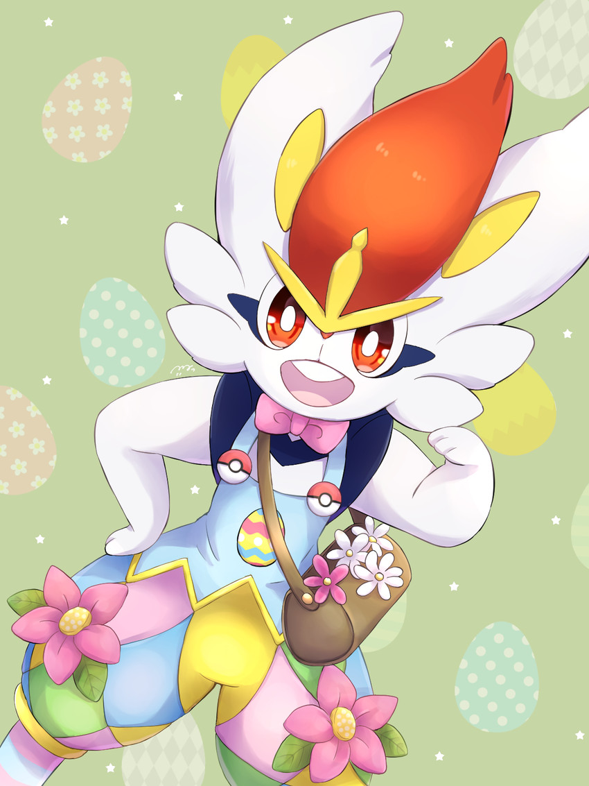 ambiguous_gender anthro bag bow_tie buckteeth clothing easter_egg flower_accessory footwear fur hand_on_hip holidays holowear_(pokemon) legwear looking_at_viewer open_mouth overalls pattern_clothing pattern_footwear pattern_legwear pattern_socks pink_bow_tie pokeball_accessory red_eyes smile socks solo striped_clothing striped_footwear striped_socks stripes teeth white_body white_fur 4rurui easter nintendo pokemon pokemon_unite pastel_style_cinderace cinderace generation_8_pokemon pokemon_(species) 3:4 hi_res
