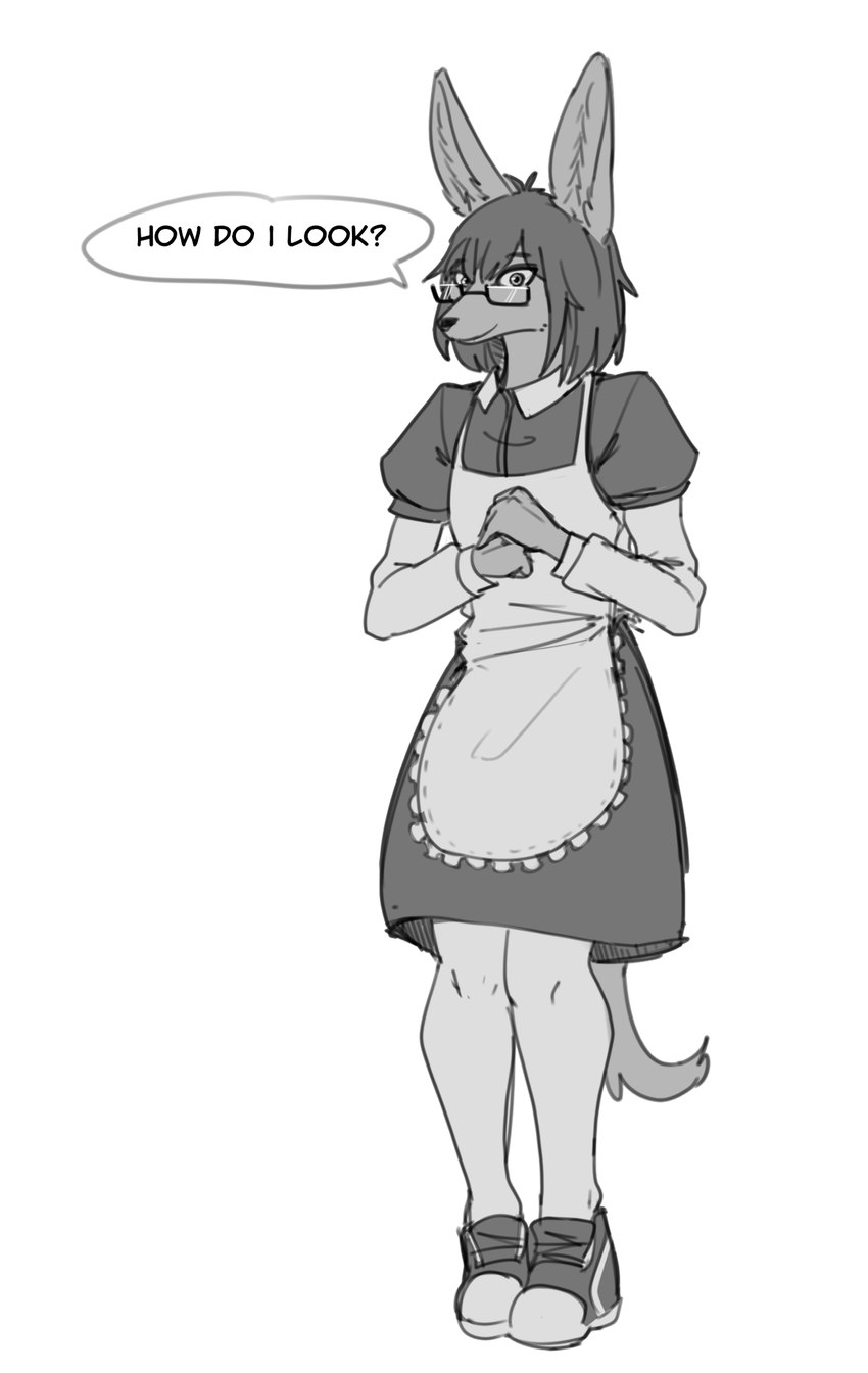 anthro clothing eyewear female fox_ears fox_tail glasses hair maid_uniform messy_hair nerd scales solo uniform patecko 4chan morgan's_skate_club morgan_mco'nielson chimera mammal hi_res monochrome