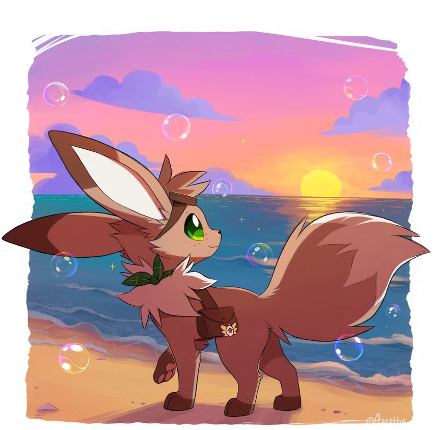 beach brown_body brown_fur bubble detailed_background dipstick_ears dipstick_tail ear_markings feral fur green_eyes leg_markings light markings multicolored_ears mystery_dungeon_badge outside sand sea seaside socks_(marking) solo sunset tail tail_markings water white_body white_fur aseethe nintendo pokemon pokemon_mystery_dungeon spike_chunsoft stomak eevee generation_1_pokemon pokemon_(species) 2023 digital_media_(artwork) lighting shaded signature