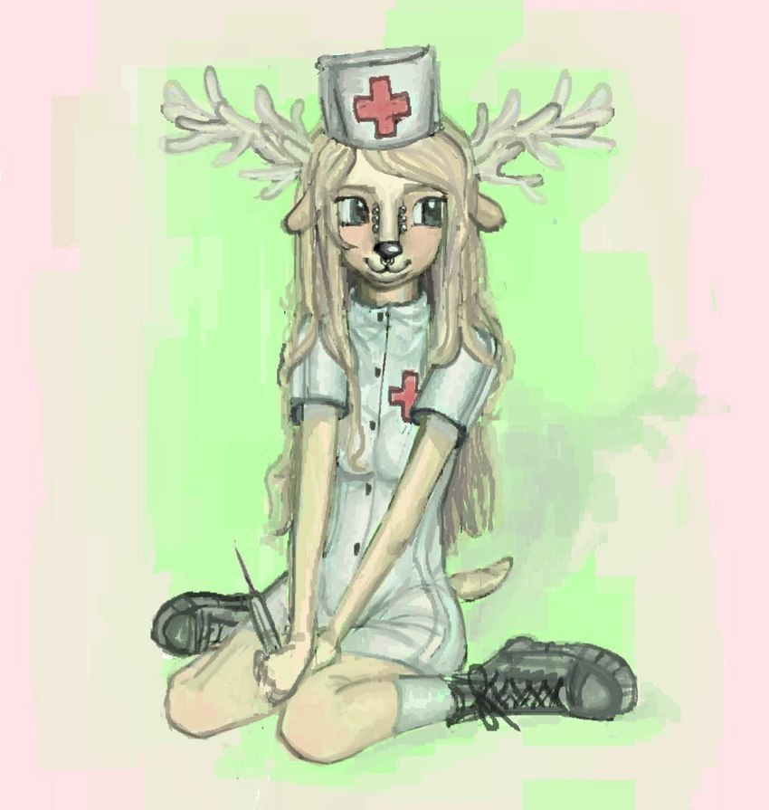 abstract_background anthro antlers boots breasts clothed clothed_anthro clothed_female clothing dress facial_piercing female footwear hair hat headgear headwear holding_object holding_syringe horn looking_away medical_instrument nose_piercing nurse_clothing nurse_hat nurse_headwear nurse_uniform piercing red_cross scientific_instrument septum_piercing shoes short_dress sitting smile socks solo syringe tail uniform wariza pathoparty deer mammal 2024 digital_media_(artwork)