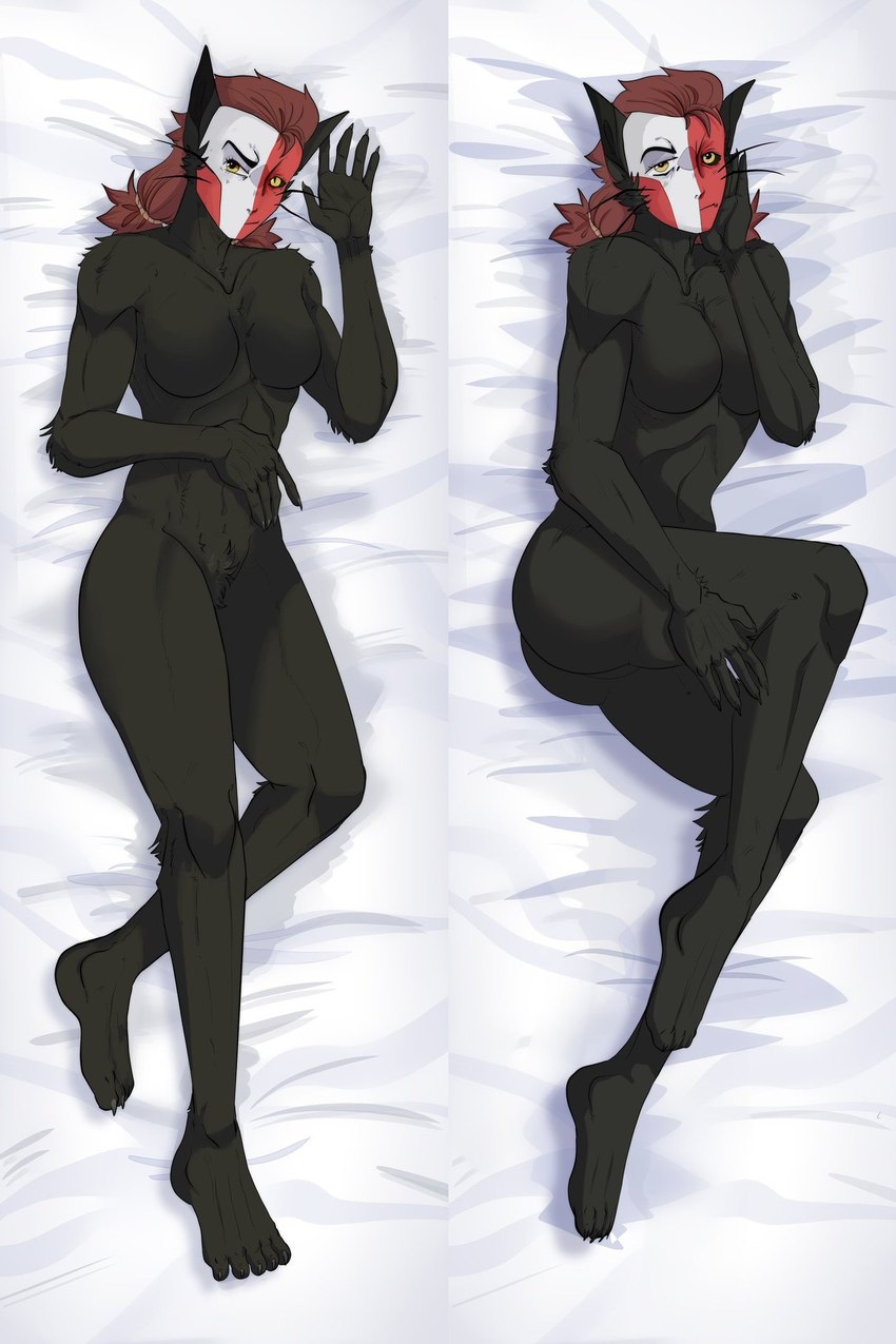 anthro asymmetrical_eyes bedding bedding_background black_body black_fur breasts brown_hair claws crotch_tuft dakimakura featureless_breasts featureless_crotch female fur hair high-angle_view looking_at_viewer lying mask muscular muscular_female nude on_back pigtails pose solo tuft whiskers yellow_eyes gala_bobs ena_(series) shepherd_(ena) domestic_cat felid feline felis mammal 2021 dakimakura_design hi_res