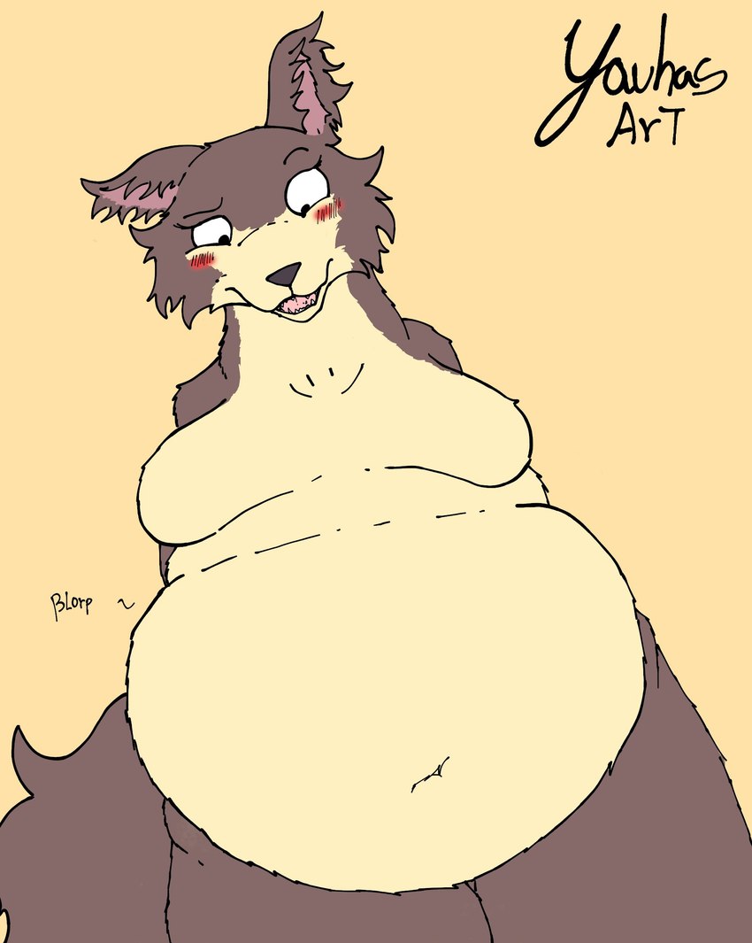 anthro belly belly_overhang big_belly blush breasts featureless_breasts female navel nude open_mouth overweight overweight_female simple_background slightly_chubby slightly_chubby_female solo yauhasart beastars juno_(beastars) canid canine canis mammal wolf hi_res