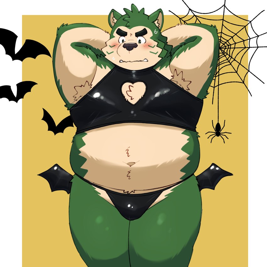 anthro belly blush bulge clothed clothing costume eyebrows fur green_body green_fur halloween_costume holidays latex male moobs navel overweight overweight_male skimpy solo spider_web thick_eyebrows thong underwear yaki_atsuage halloween lifewonders live_a_hero mokdai canid canine canis domestic_dog mammal 1:1 hi_res