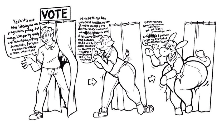 animal_noises animal_noises_while_talking anthro areola base_one_layout basic_sequence big_butt bodily_fluids booth bottomwear braying butt butt_expansion clothing denim denim_bottomwear denim_clothing election expansion footwear hip_expansion jeans linear_sequence lust male one_row_layout pants politics polo_shirt shirt shoes solo species_transformation speech_bubble sweat text thick_thighs three_frame_image three_frame_sequence topwear torn_clothing transformation transformation_sequence voting_booth wide_hips boot_(artist) asinus donkey equid equine human mammal black_and_white english_text monochrome sequence