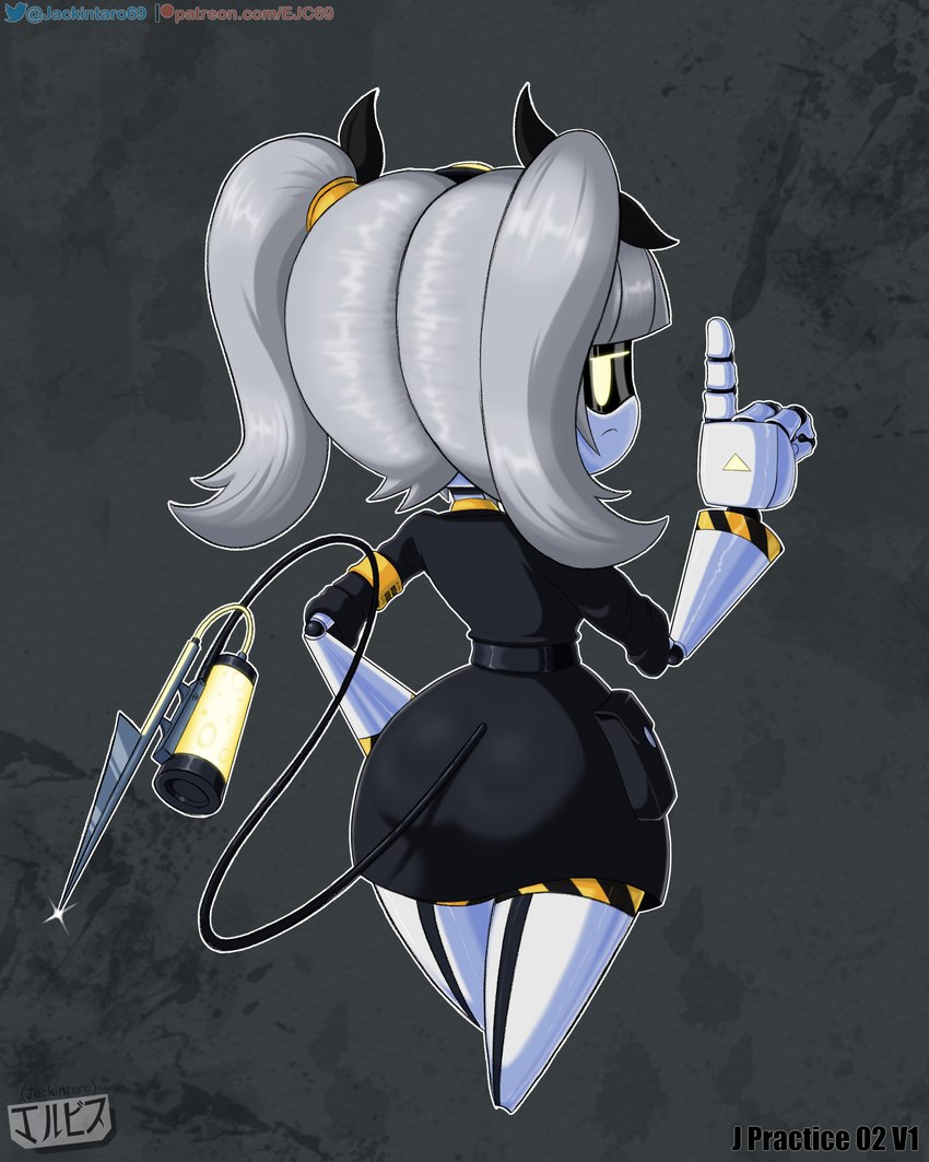 accessory butt clothed clothing female fingers grey_hair hair hazard_stripes looking_at_viewer looking_back machine not_furry pigtails ribbons screen_eyes simple_background solo syringe tail text twintails_(hairstyle) uniform white_body yellow_eyes jackintaro glitch_productions murder_drones j_(murder_drones) disassembly_drone humanoid robot robot_humanoid tailed_humanoid 4:5 absurd_res digital_media_(artwork) hi_res url