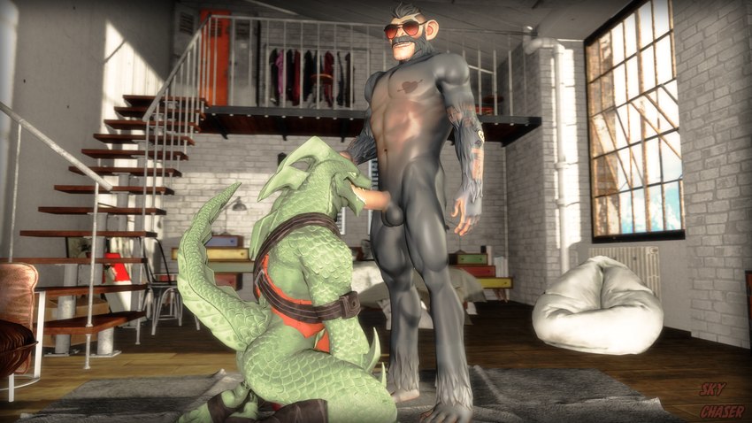 anthro aviator_glasses balls bodily_fluids duo eyewear fellatio genitals glasses male male/male muscular muscular_male oral penile penis raised_tail sex tail tattoo sky_chaser epic_games fortnite mythology hybrid_(fortnite) j.b._chimpanski ape dragon haplorhine mammal mythological_creature mythological_scalie primate scalie 16:9 3d_(artwork) digital_media_(artwork) hi_res source_filmmaker_(artwork) widescreen