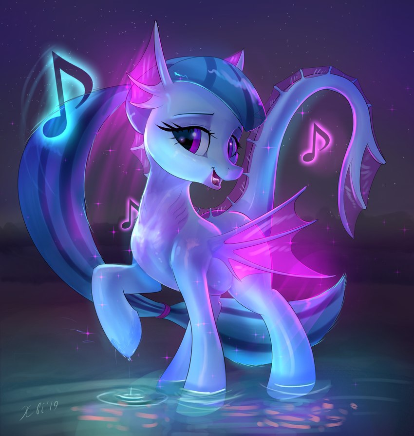 blue_body blue_hair blue_skin female feral fin glowing hair hooves membrane_(anatomy) membranous_wings musical_note musical_symbol open_mouth purple_eyes sand solo standing symbol v_bangs water wings xbi equestria_girls hasbro my_little_pony sonata_dusk_(eg) equid equine horse hybrid mammal pony siren absurd_res hi_res