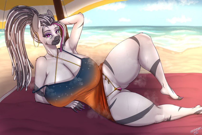 anthro beach big_breasts breasts butt butt_from_the_front cleavage clothed clothing ear_piercing ear_ring female huge_breasts piercing ring_piercing seaside solo umbrella wolfmask hasbro my_little_pony lizza_(oc) equid equine mammal zebra 3:2 hi_res