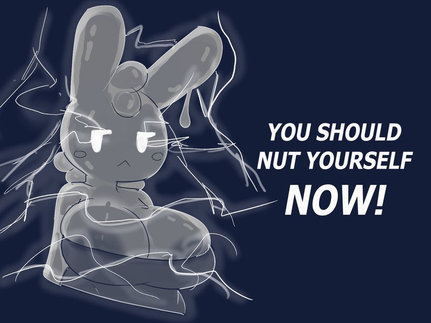 anthro areola big_breasts breasts cleavage clothed clothing dialogue female skindentation solo text darky low_tier_god gelbun goo_creature lagomorph leporid mammal rabbit 4:3 english_text hi_res meme