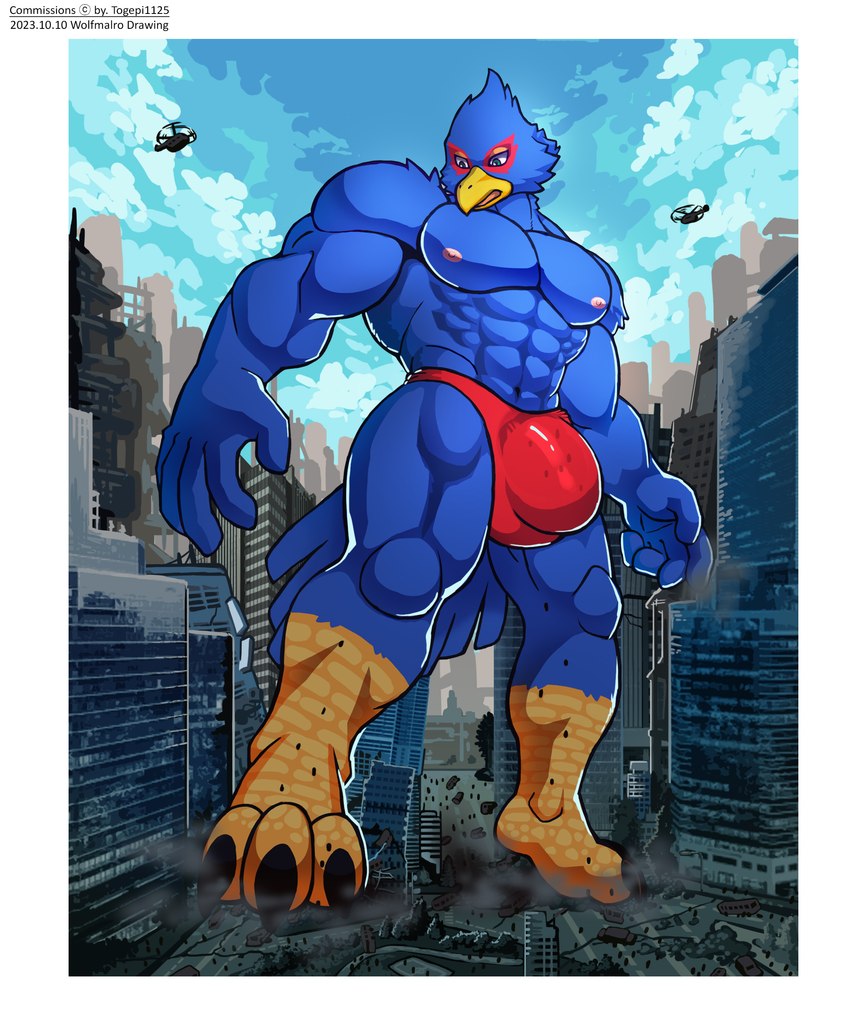 aircraft blue_body building bulge city clothing destruction detailed_bulge helicopter macro male solo speedo stomping swimwear vehicle wolfmalro nintendo star_fox falco_lombardi avian bird absurd_res hi_res