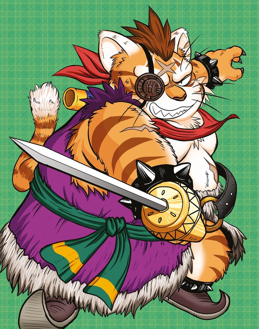 anklet anthro belly bracelet clothing eye_patch eyewear fur grin jewelry legband male melee_weapon moobs orange_body orange_fur overweight scar smile solo spiked_anklet spiked_bracelet spiked_legband spikes striped_body striped_fur stripes sword toga weapon mogpon dragon_quest square_enix purrgatroyd domestic_cat felid feline felis mammal hi_res