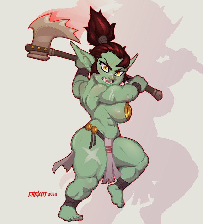 anthro axe barbarian battle_axe big_breasts bottomwear breasts clothed clothing fangs female green_body green_skin hair loincloth looking_at_viewer melee_weapon metal_pasties muscular muscular_female muscular_humanoid muscular_thighs nipple_armor nipple_covers open_mouth ponytail short_stack skimpy solo teeth thick_thighs weapon croxot chakka_(croxot) goblin humanoid