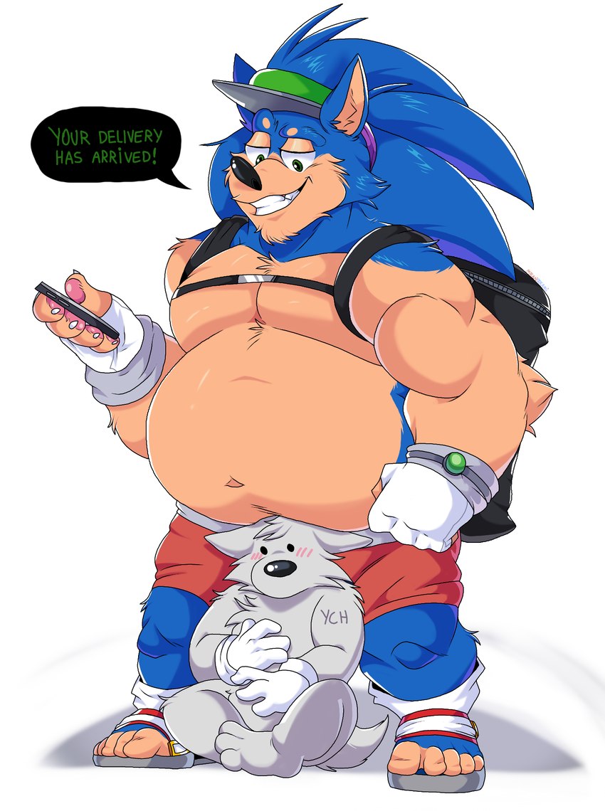 anthro belly blue_body blue_fur blush cellphone chest_tuft clothing dialogue dot_eyes duo electronics feet footwear fur gloves grey_body hair handwear hat headgear headwear male muscular muscular_male paws phone ponytail shoes slightly_chubby smile smirk tuft lewdookami sega sonic_the_hedgehog_(series) uber_eats sonic_the_hedgehog ych_(character) canid canine canis eulipotyphlan hedgehog mammal wolf hi_res