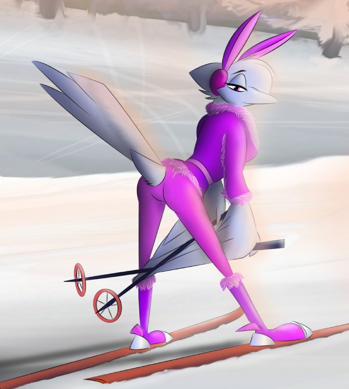 anthro beak bedroom_eyes boots clothed clothing eyebrows eyelashes fake_ears fake_rabbit_ears feathered_wings feathers female footwear hair hair_over_eye half-closed_eyes narrowed_eyes one_eye_obstructed pose seductive shoes skiis solo white_body white_feathers wings corrvo feather_6 fala_(thelonecrow) avian bird hi_res