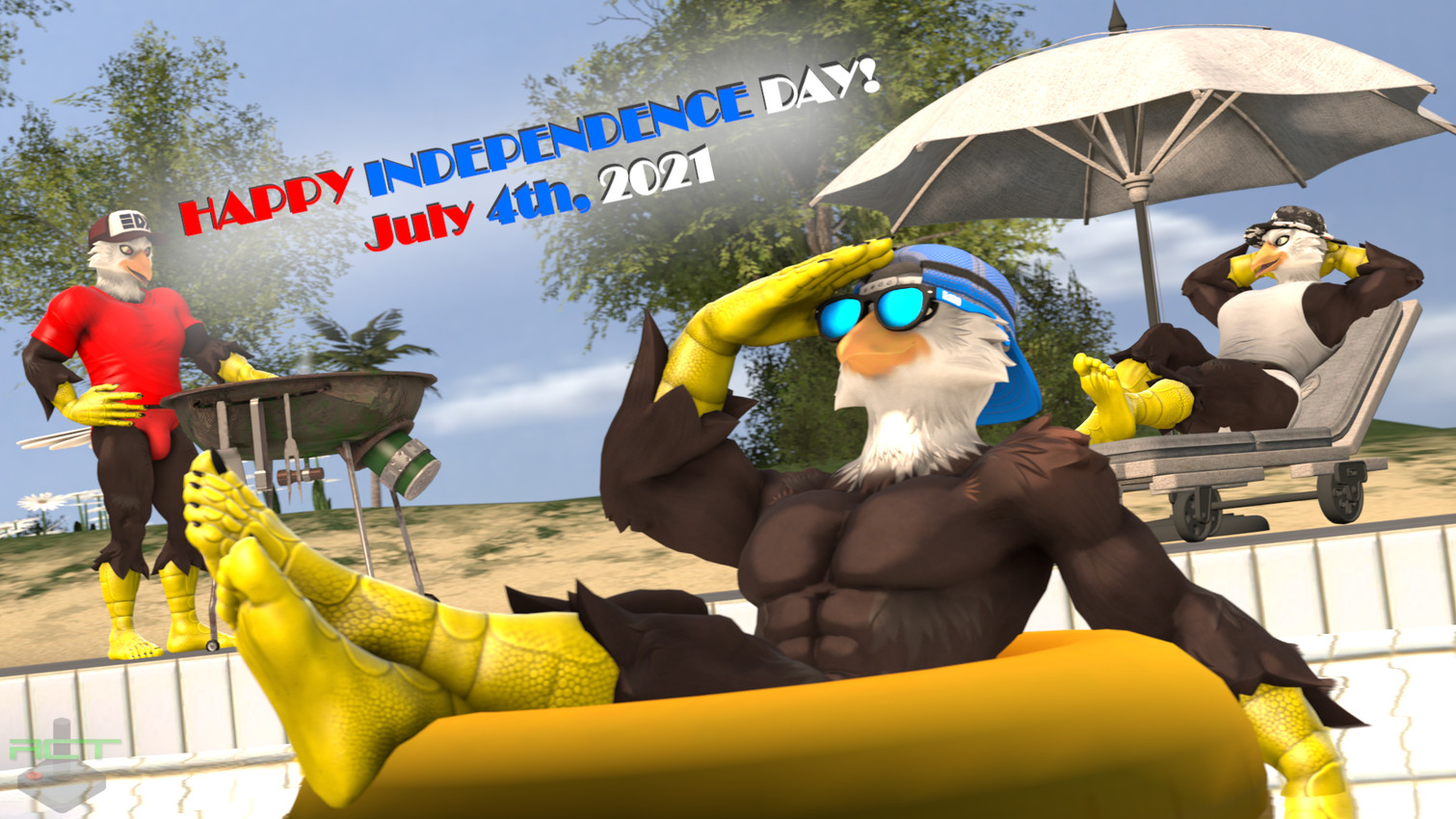 anthro backwards_baseball_cap backwards_cap backwards_hat baseball_cap beak chair clothing crossed_ankles daisy_(flower) eyewear feet feet_up flower furniture gesture grill group hand_in_water hand_on_hip hands_behind_head hat headgear headwear holidays inflatable inflatable_ride inflatable_support inner_tube lounge_chair lounging male on_pool_toy on_swim_ring open_mouth outside partially_submerged plant plantigrade pool_float pool_toy salute shirt simple_background speedo sunglasses sunken_seat supported_legs swim_ring swimwear t-shirt tank_top text topwear trio umbrella underwear water ray_cyber_tech_(artist) petruz_(modeler) 4th_of_july bird_(petruz) eagle_(petruz) accipitrid accipitriform avian bald_eagle bird eagle sea_eagle 16:9 3d_(artwork) digital_media_(artwork) english_text hi_res source_filmmaker_(artwork) widescreen