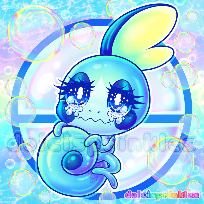 ambiguous_gender blue_background blue_body blue_cheeks blue_eyes bodily_fluids bokeh bubble crying eyelashes feral frutiger_aero iridescent iridescent_background iridescent_body iridescent_bubble lying pokeball simple_background solo star_eyes tail tail_grab tears y2k_(graphic_design) dolcisprinkles nintendo pokemon amphibian generation_8_pokemon pokemon_(species) sobble 1:1 2019 artist_name blue_theme colorful_theme digital_media_(artwork) signature watermark