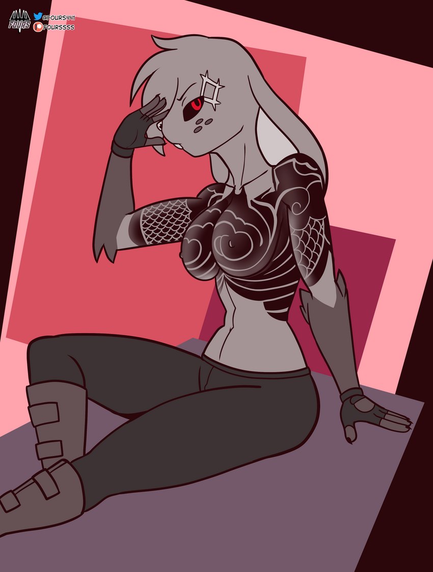 anthro black_sclera body_art boots breasts chest_tattoo clothed clothing female fingerless_gloves footwear freckles gloves handwear looking_at_viewer red_eyes shoes sitting solo spats tattoo topless fourssss diamond_(fours) lagomorph leporid mammal rabbit hi_res monochrome