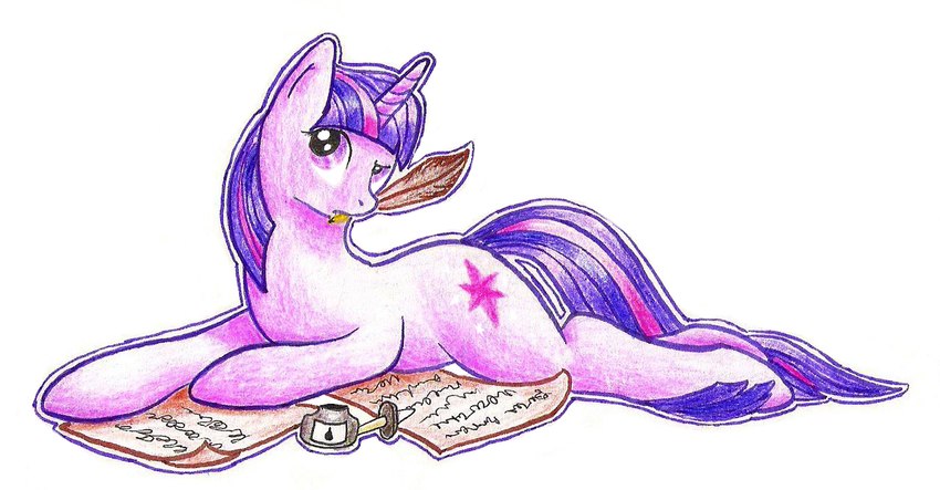 ambiguous_gender cutie_mark feral fur hooves horn inkwell loose_feather lying mane on_front paper purple_body purple_eyes purple_fur purple_horn purple_mane purple_tail quill simple_background solo tail thinking thoughtful_expression unguligrade white_background writing_text braeburned friendship_is_magic hasbro my_little_pony mythology twilight_sparkle_(mlp) equid equine mammal mythological_creature mythological_equine unicorn 2012 colored_pencil_(artwork) shaded traditional_media_(artwork) female_(lore)