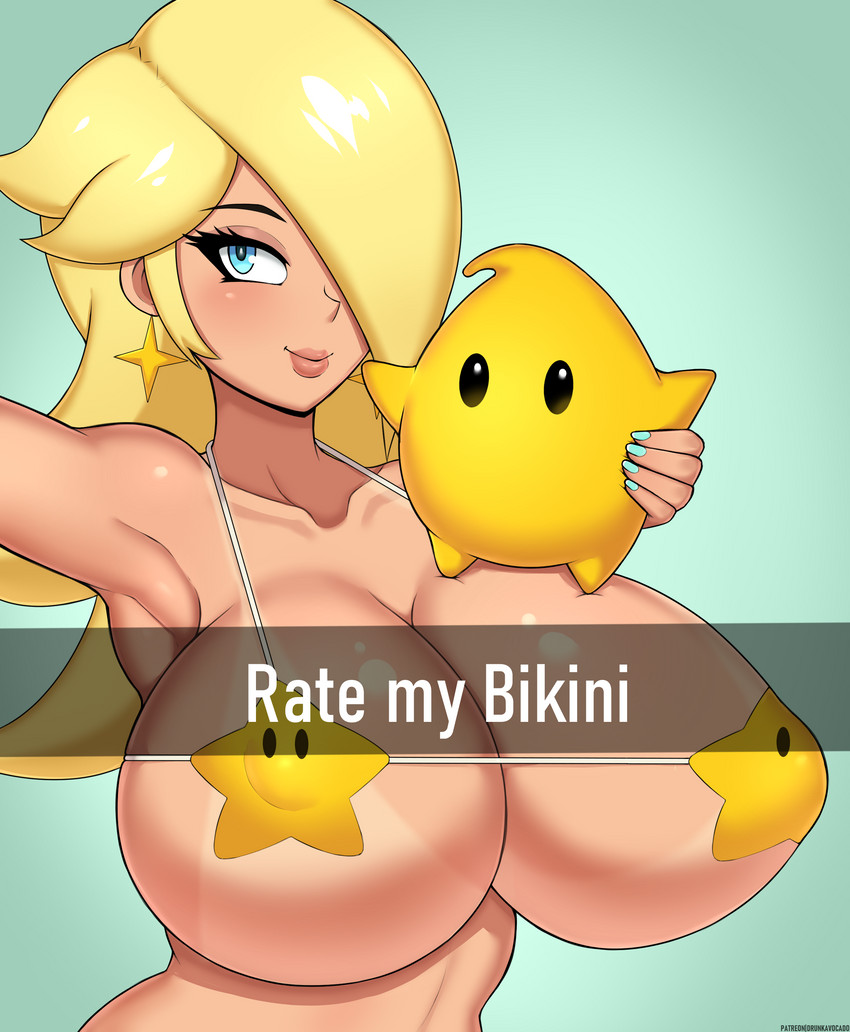 big_breasts bikini blush breasts clothing duo female nipple_outline not_furry swimwear text two-piece_swimsuit drunkavocado mario_bros nintendo super_mario_galaxy rosalina_(mario) human luma mammal absurd_res english_text hi_res